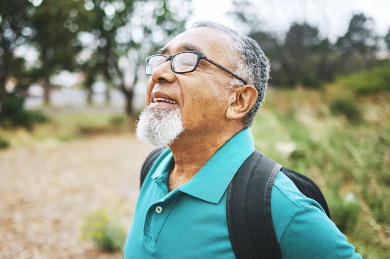 outdoor thinking and senior man breathing hike